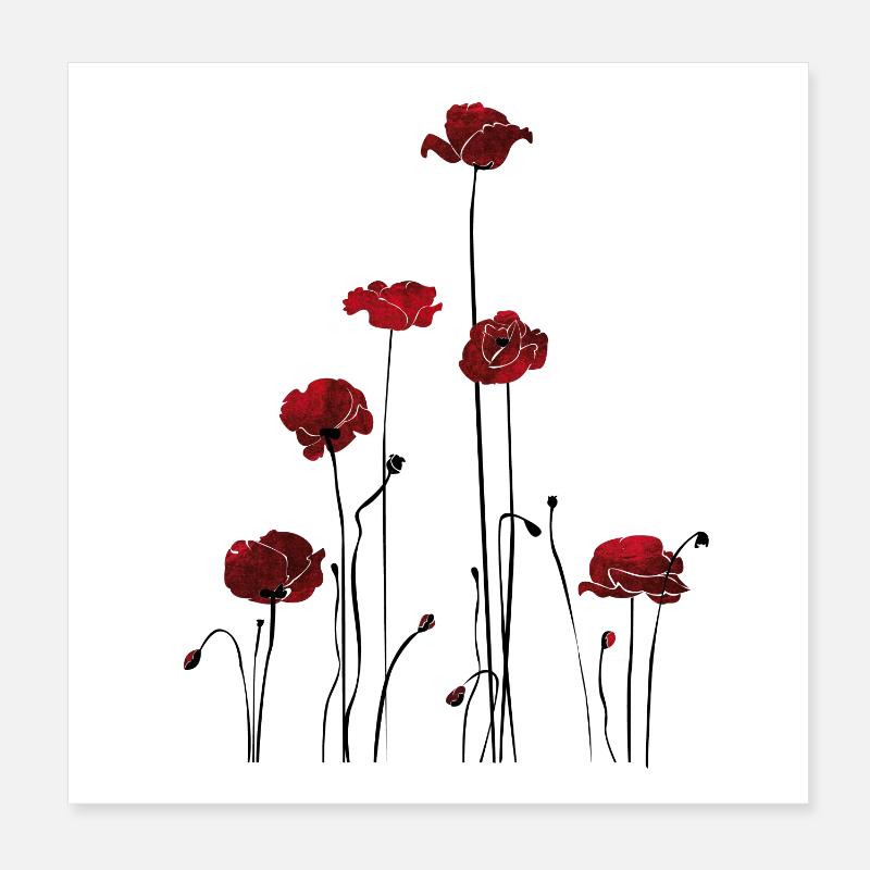 Abstrakte Blumentapete in Rot und Schwarz - Poster 20x20 cm - Weiß