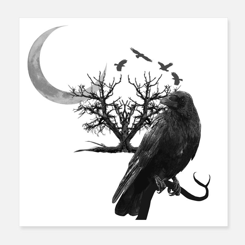 raven, crescent moon, trees, gothic design Poster 8" x 8" (20x20 cm)