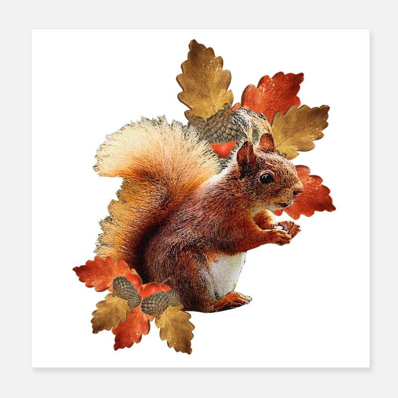 Eichhörnchen motiv mit Eichenblättern, Herbst frau Poster 20x20 cm