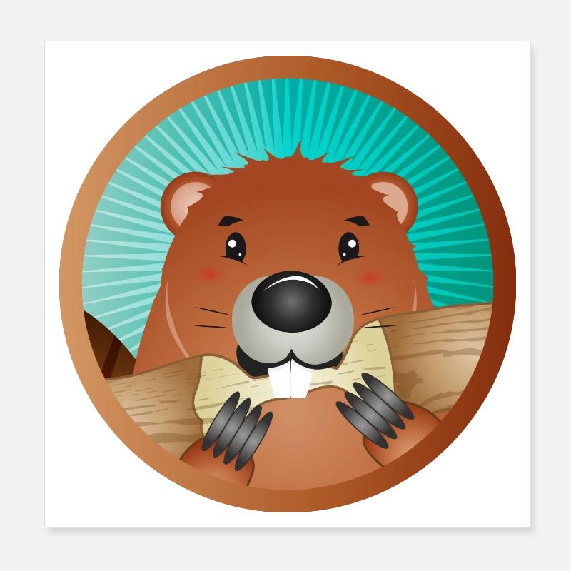 niedliches Nagetier Patch - Biber knabbert am Holz Poster 20x20 cm