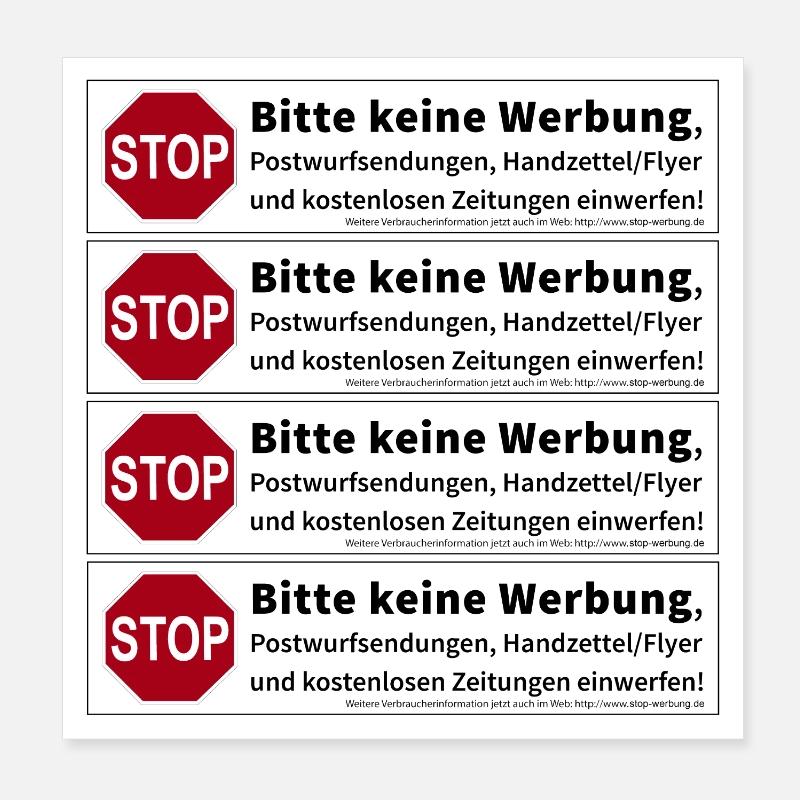 4 x Stop Bitte keine Werbung Sticker - Poster 20x20 cm - Weiß