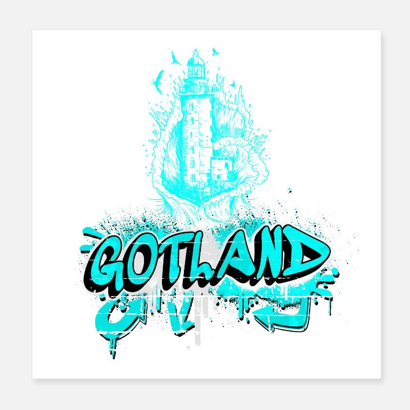 Gotland Graffiti Leuchtturm Design - Poster 20x20 cm - Weiß