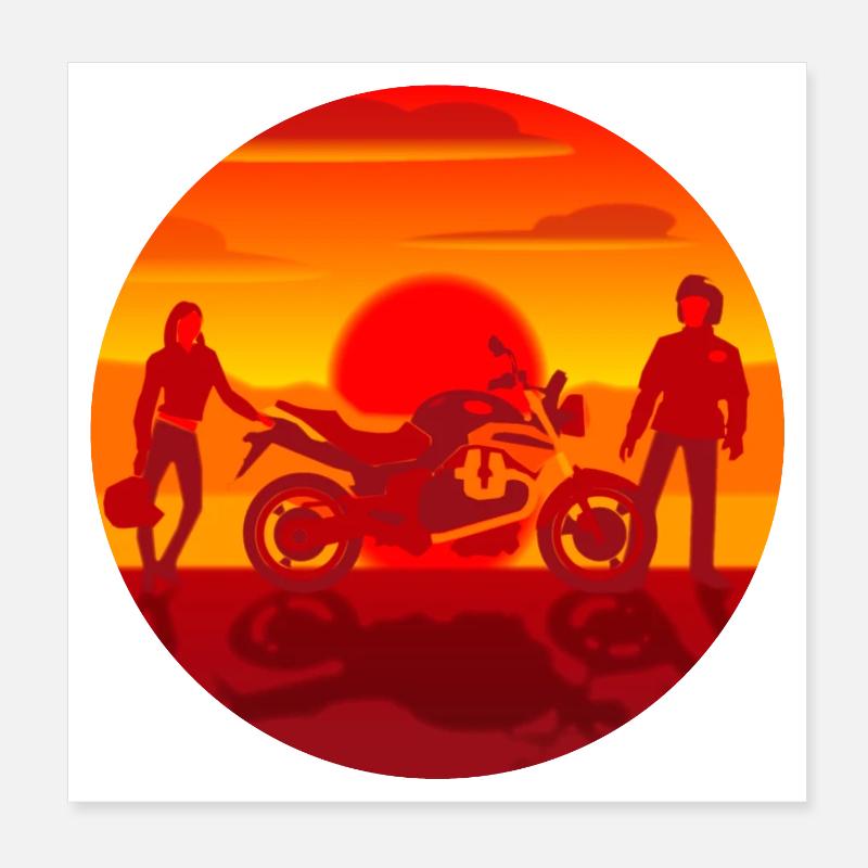 Couple and Motorcycle at sunset Poster 8" x 8" (20x20 cm)