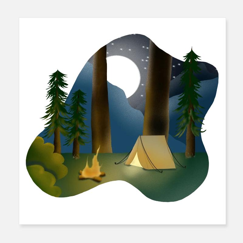 Nuit au clair de lune dans le camping en forêt Poster 20 x 20 cm
