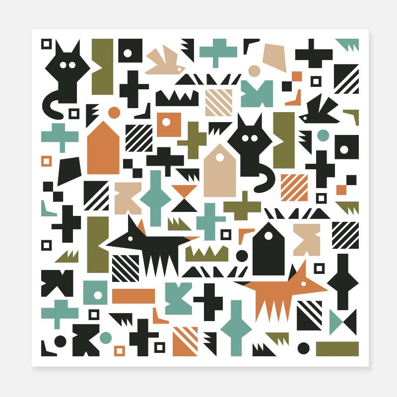 Chat renard oiseau motif l multicolore Poster 20 x 20 cm