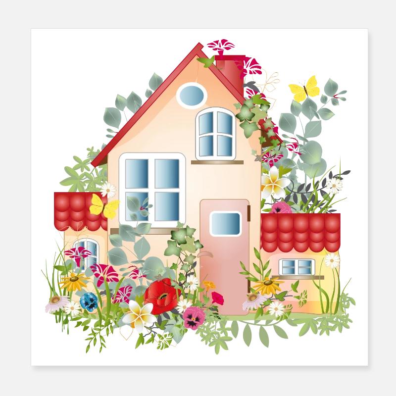 bunte Villa mit üppigen Garten - Ein Traumhaus - Poster 20x20 cm - Weiß