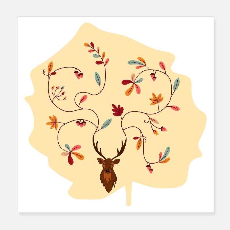 Hirsch im Herbst Geschenk Idee Geweih mit Blättern Poster 20x20 cm