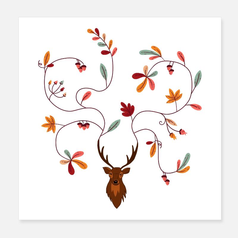 Hirsch im Herbst Geschenkidee Geweih mit Blättern Poster 20x20 cm
