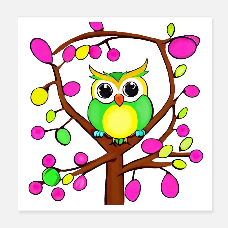 Chouette heureuse dans un arbre multicolore - Poster 20 x 20 cm - blanc