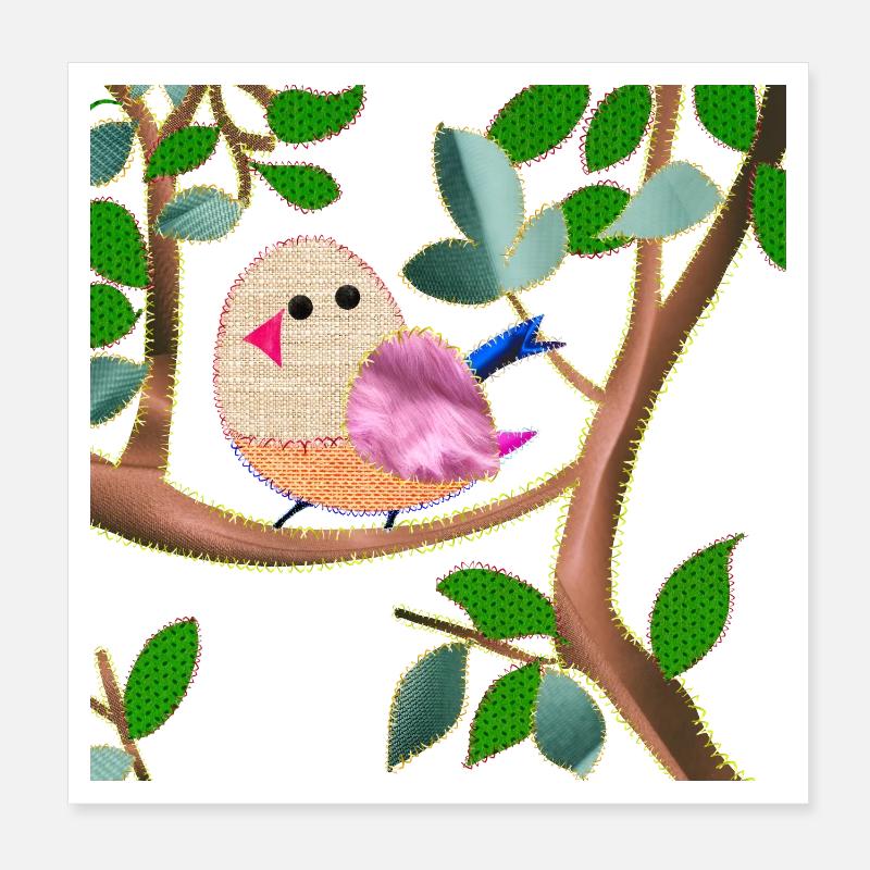 oiseau sur une branche imitation tissu cousu - Poster 20 x 20 cm - blanc