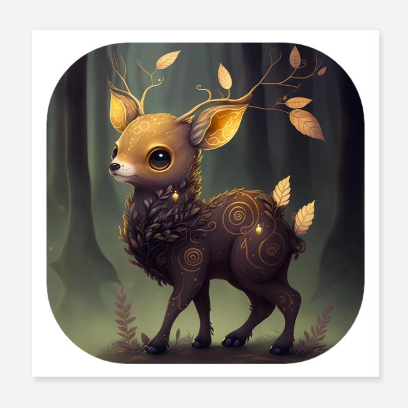 Süßes goldenes Rehkitz im dunklen Wald Poster 20x20 cm