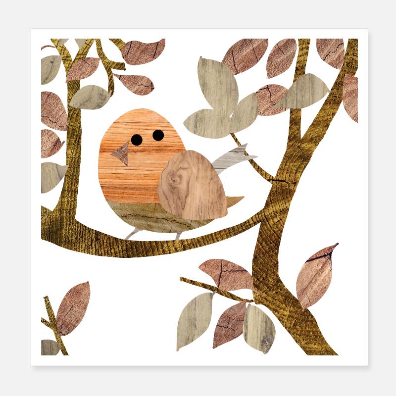 Vogel im Baum - Holz - Poster 20x20 cm - Weiß
