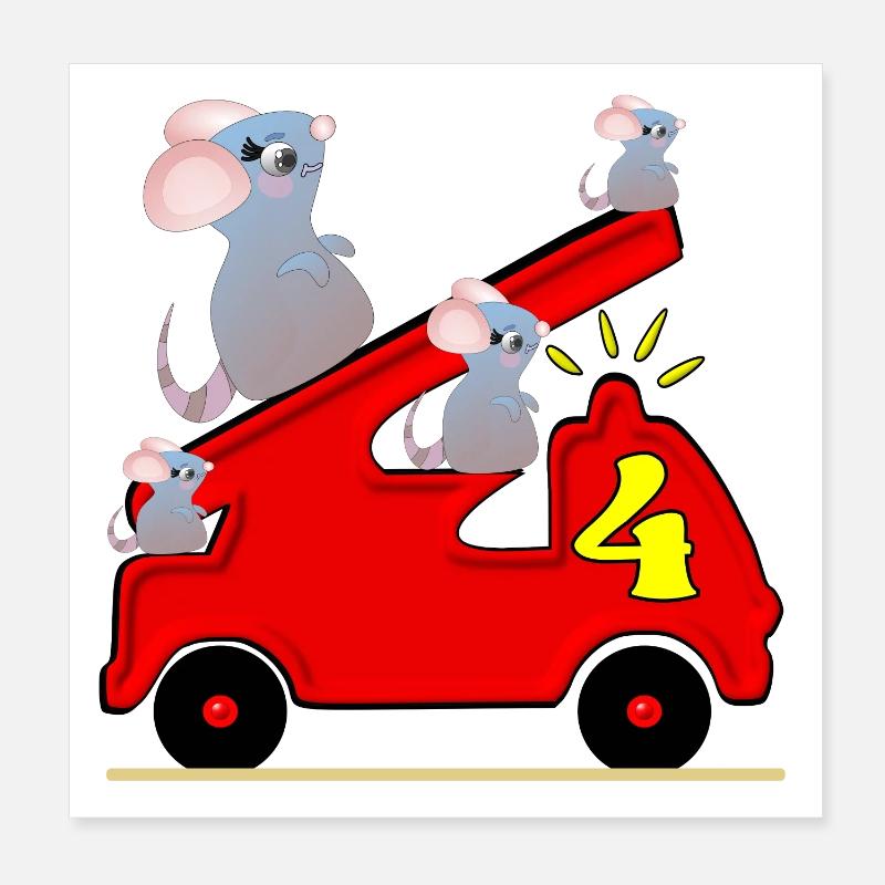 Four - 4th Birthday - Fire Engine - Toddler Mice Poster 8" x 8" (20x20 cm)