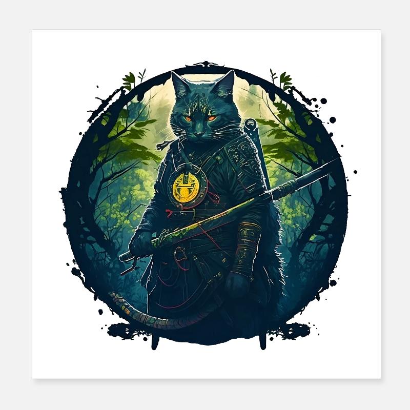 Katze als Samurai in Wald Poster 20x20 cm