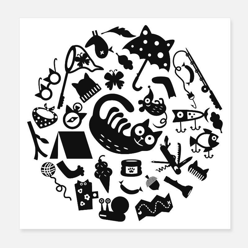 Cat Camping L Noir Poster 20 x 20 cm