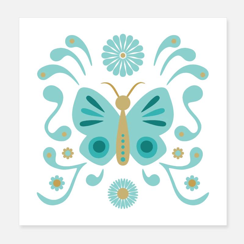 Boho Butterfly L Bleu et Or Poster 20 x 20 cm