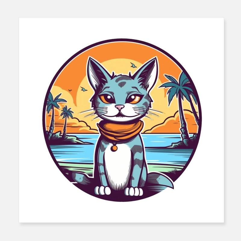 Chat de dessin animé dans un paradis tropical Poster 20 x 20 cm