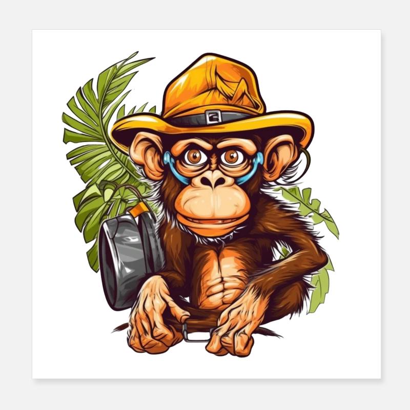 Singe d’aventure avec chapeau safari et sac à dos Poster 20 x 20 cm