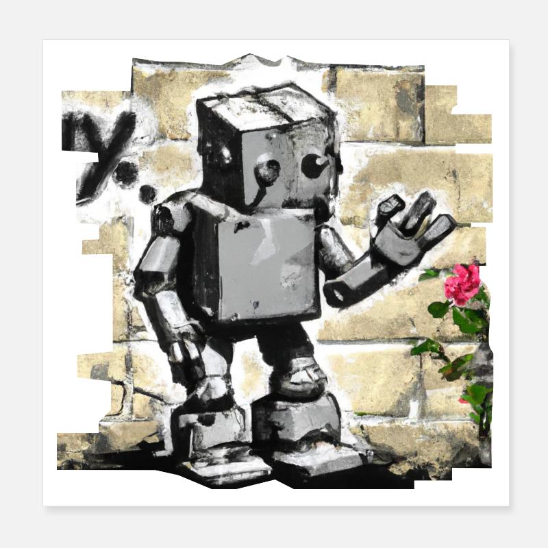 Robot Comic Graffiti Wall Character Rose Urban Poster 8" x 8" (20x20 cm)