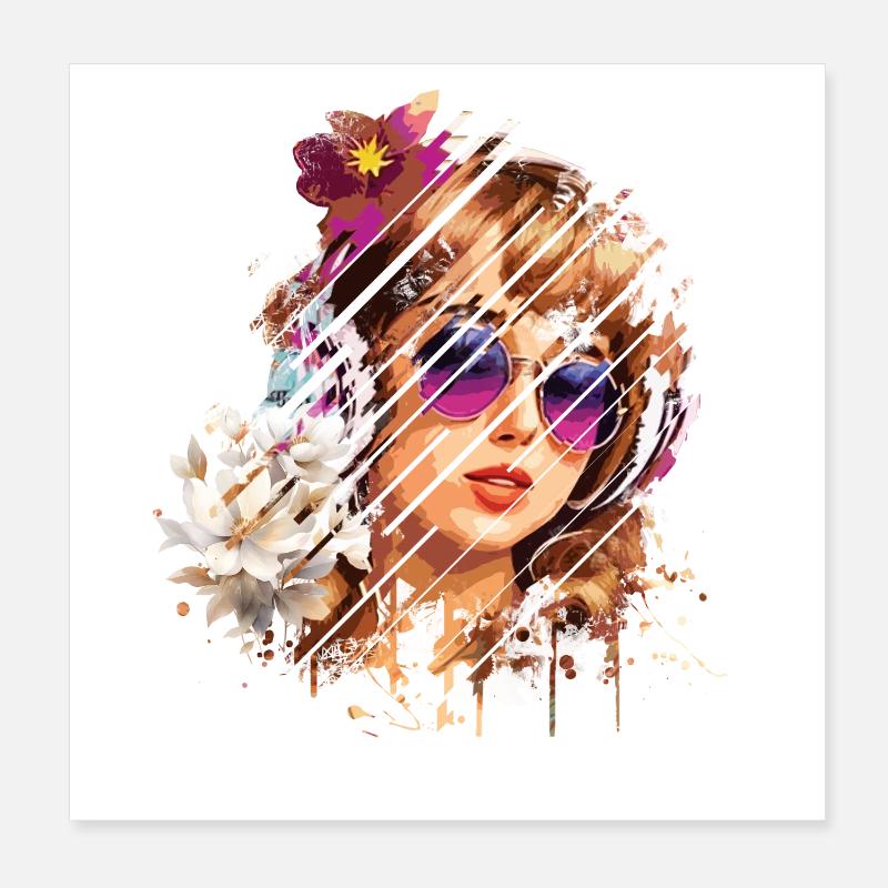 Femme rétro fleurs et lunettes violettes - Poster 20 x 20 cm - blanc