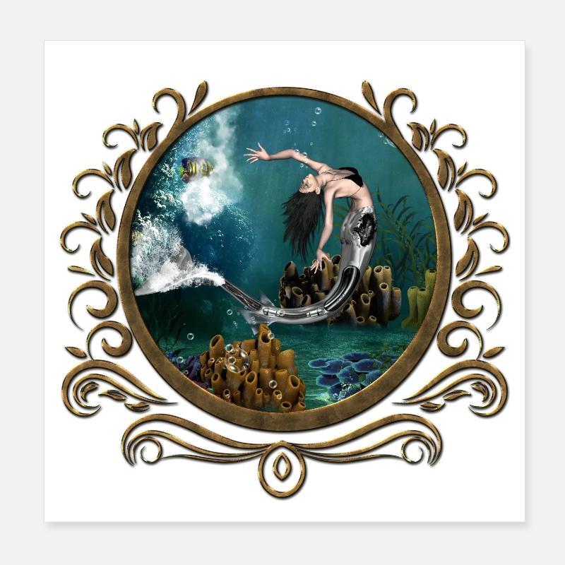 Wunderbare Steampunk-Meerjungfrau in der Tiefsee Poster 20x20 cm