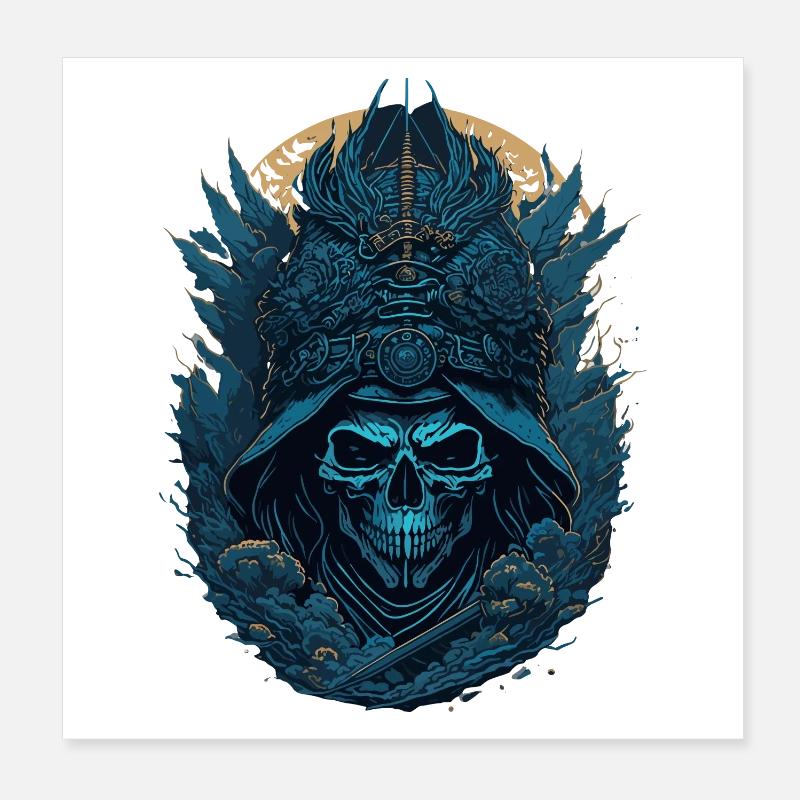 crane squelette samouraï bleu - blue samurai skull Poster 20 x 20 cm