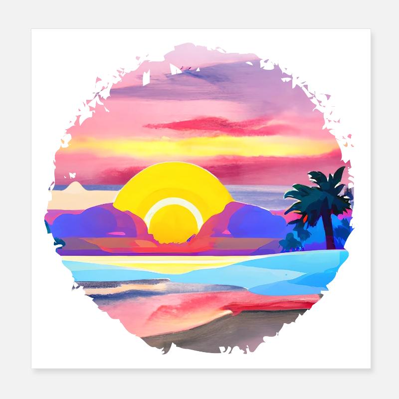 Summer Sunset Beach Watercolor Poster 8" x 8" (20x20 cm)