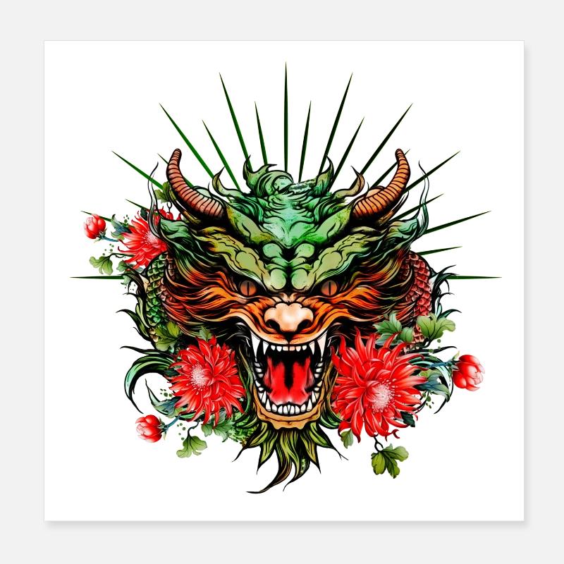 Wunderschöner bunter Drachenkopf mit Blumen. Poster 20x20 cm