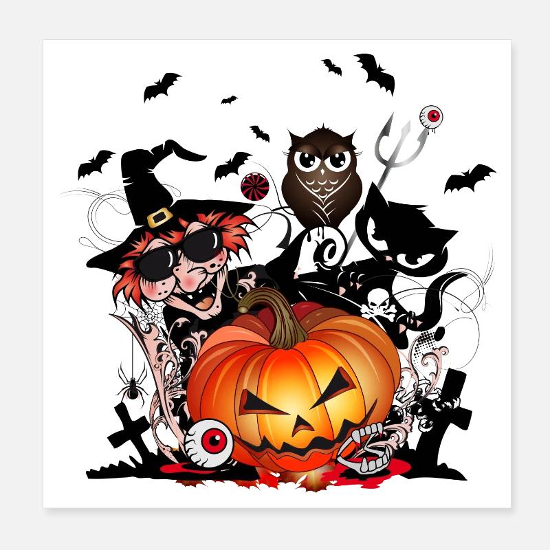 Halloween Kürbis mit Hexe,Katze,Fledermaus & Eule Poster 20x20 cm