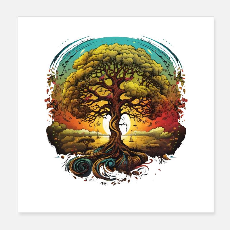Chemise de l’Arbre de Vie dans la Nature du Coucher de Soleil Poster 20 x 20 cm