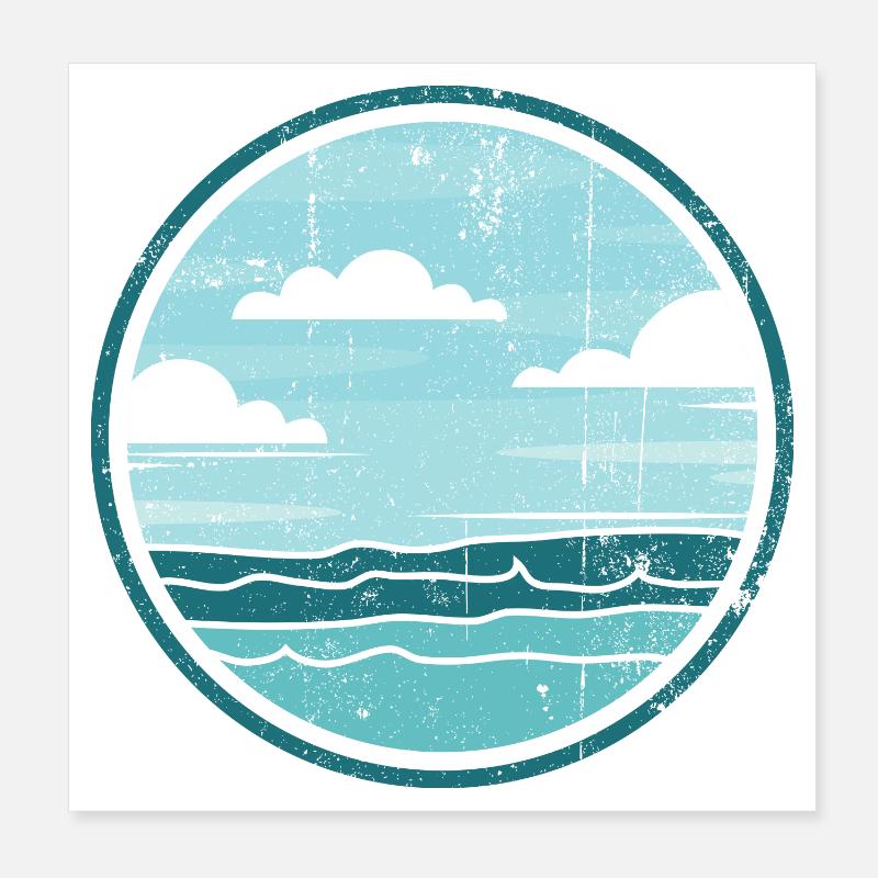 Circular Ocean Horizon Emblem in Teal Poster 8" x 8" (20x20 cm)