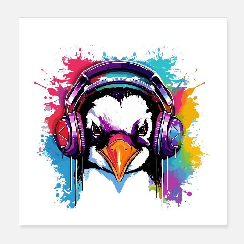 Pinguin mit Kopfhörer Pinguine Tiere Zootiere Poster 20x20 cm