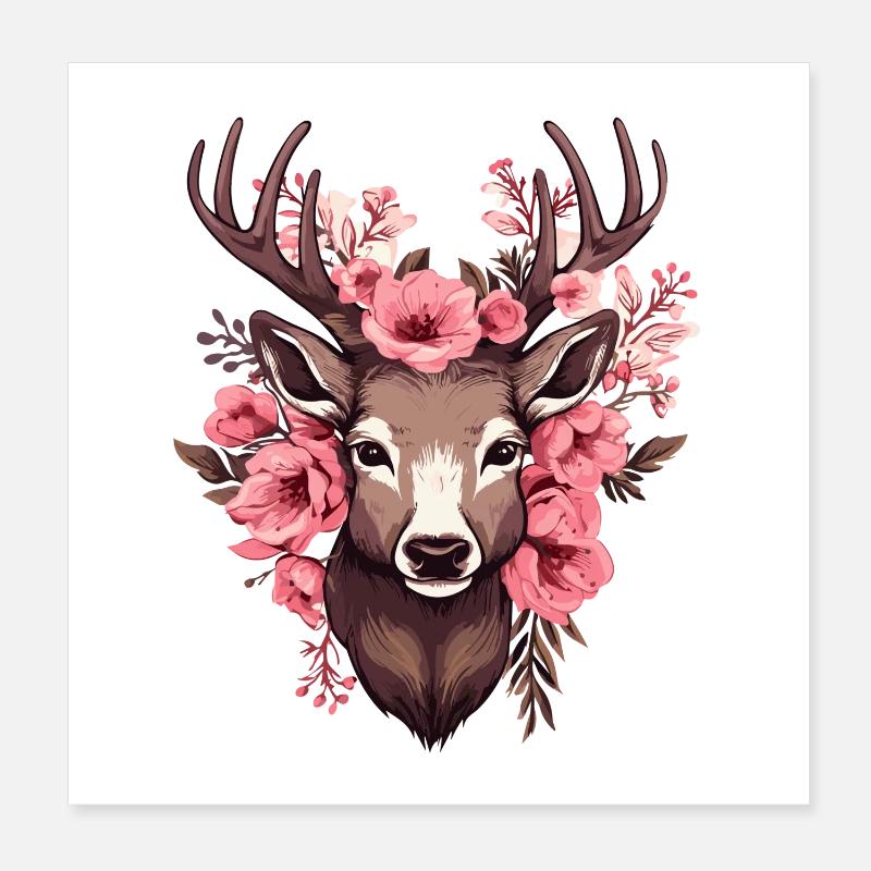 Roe Deer with Flowers Costumes Deer Head Deer Head Poster 8" x 8" (20x20 cm)