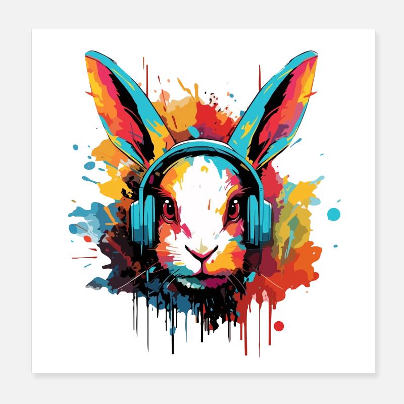 Bunny with headphones, music, hares, hare, dwarf hare Poster 8" x 8" (20x20 cm)