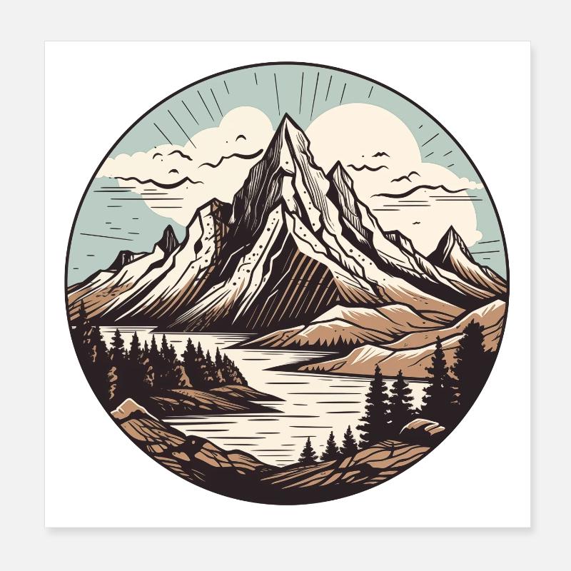 Round mountain lake landscape - Poster 8" x 8" (20x20 cm) - white