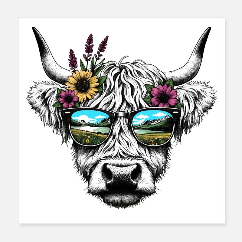 Kuh Landleben Alm Wandern Illustration Almabtrieb - Poster 20x20 cm - Weiß