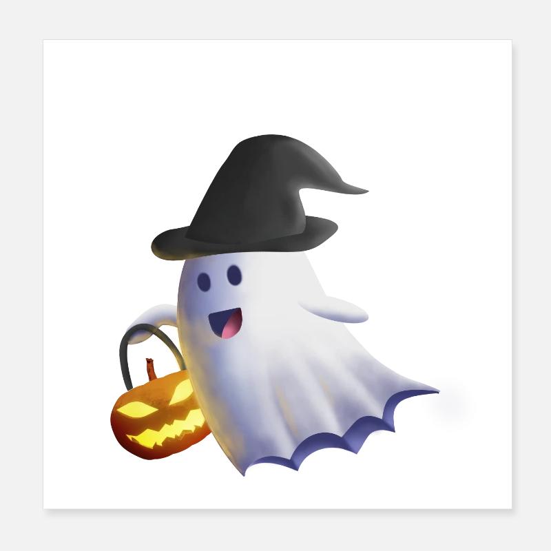 Ghost with Witch Hat and Jack-o'-Lantern - Poster 8" x 8" (20x20 cm) - white