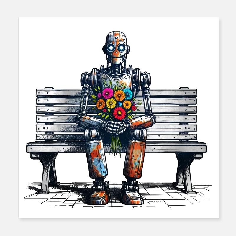 roboter bank blumen robot love rostig kunst Poster 20x20 cm