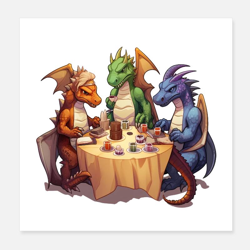 Dragons buvant du café – RPG Fantasy Design Poster 20 x 20 cm