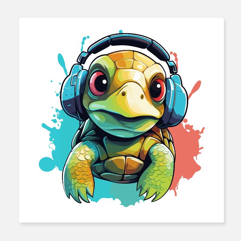 Turtle with headphones Turtles Poster 8" x 8" (20x20 cm)