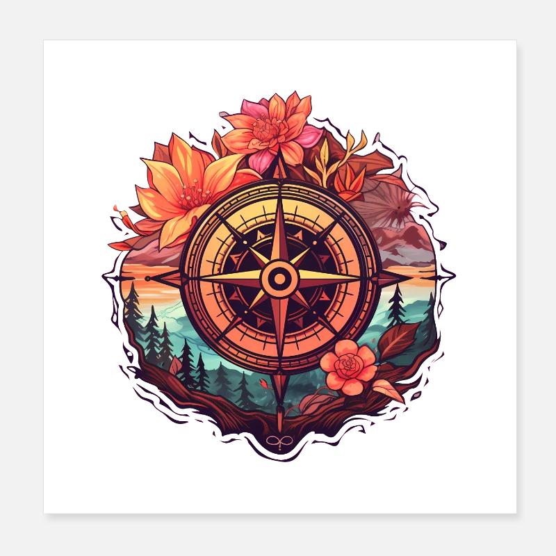 Beautiful Boho Compass with Flowers and Trees Poster 8" x 8" (20x20 cm)