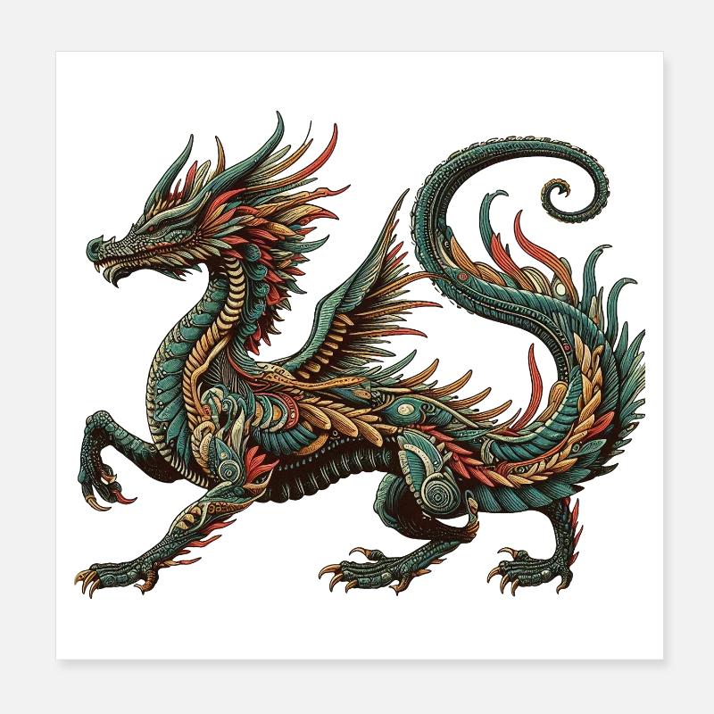 Farbdrache Ornament Tribal Stil - Poster 20x20 cm - Weiß