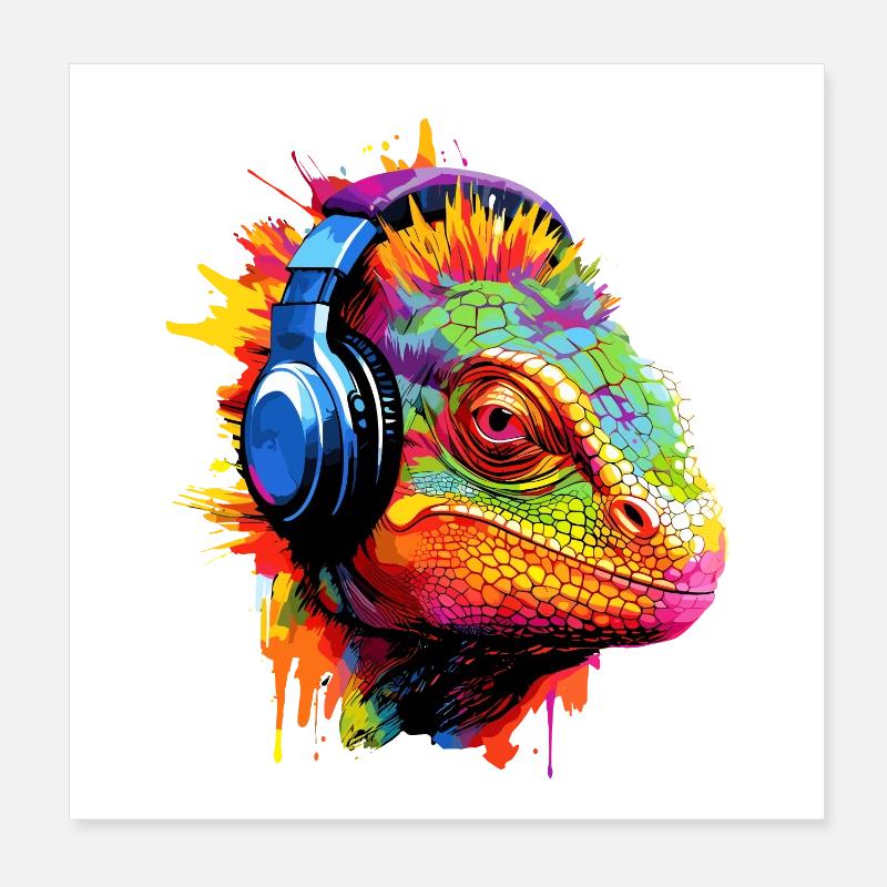 Chamäleon mit Kopfhörer Musik Chamäleons Poster 20x20 cm