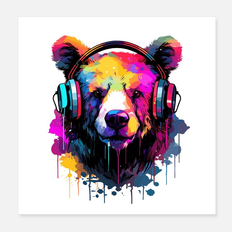 Bär mit Kopfhörer Musik Bären Poster 20x20 cm