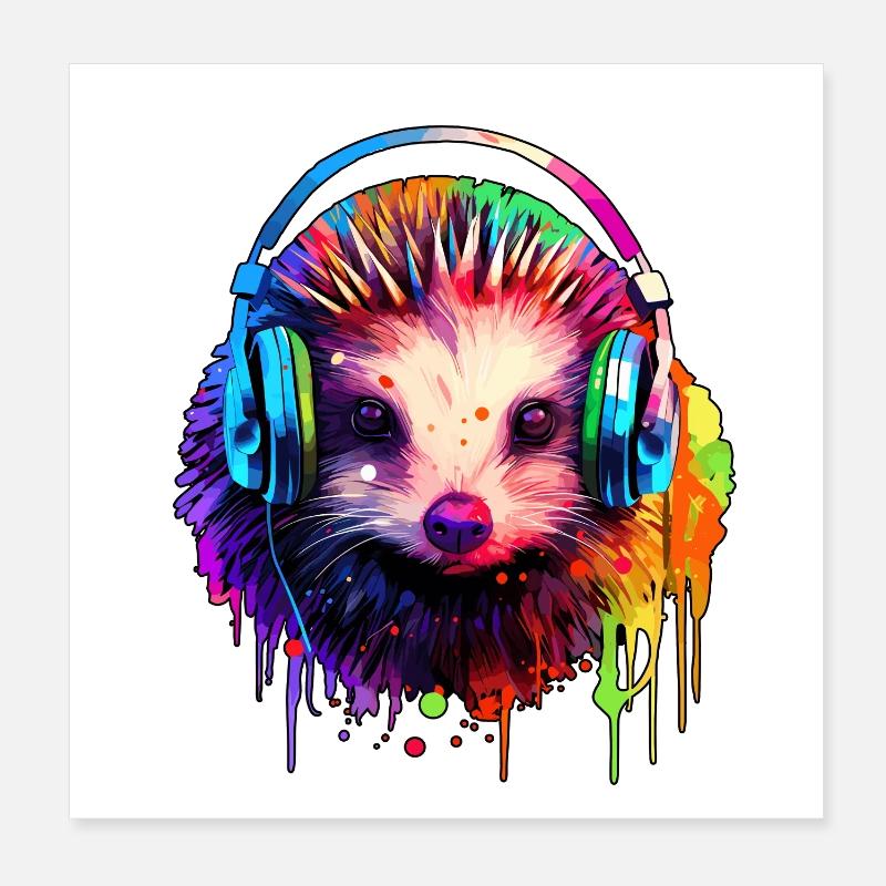 Igel mit Kopfhörer Musik Braunbrustigel Poster 20x20 cm
