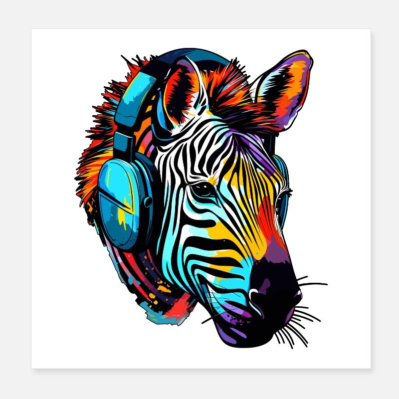 Zebra mit Kopfhörer Musik Zebrakopf Poster 20x20 cm