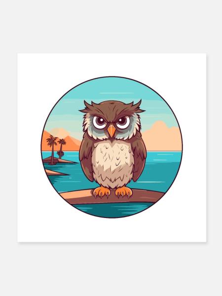Hibou aquarelle dessin animé Kawaii Clipart Animal - Poster 20 x 20 cm - blanc - Devant
