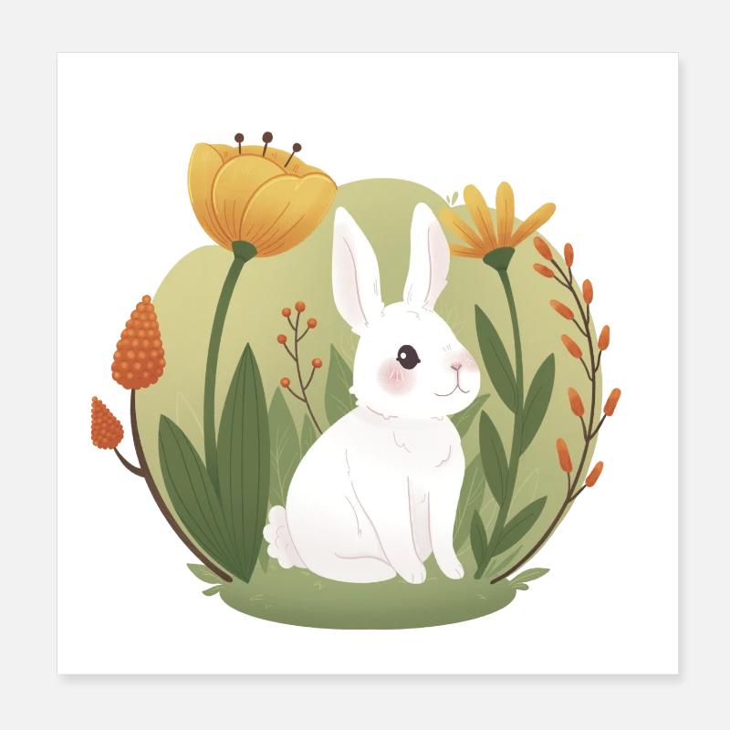 Lapin de jardin avec tulipe et autres fleurs Poster 20 x 20 cm