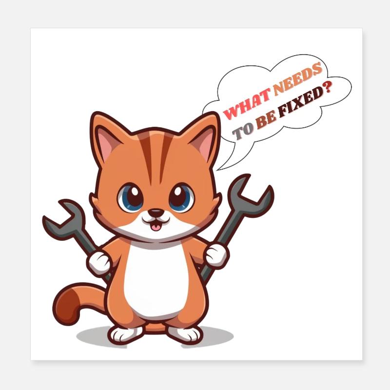 Chaton mignon avec des outils et une question Poster 20 x 20 cm