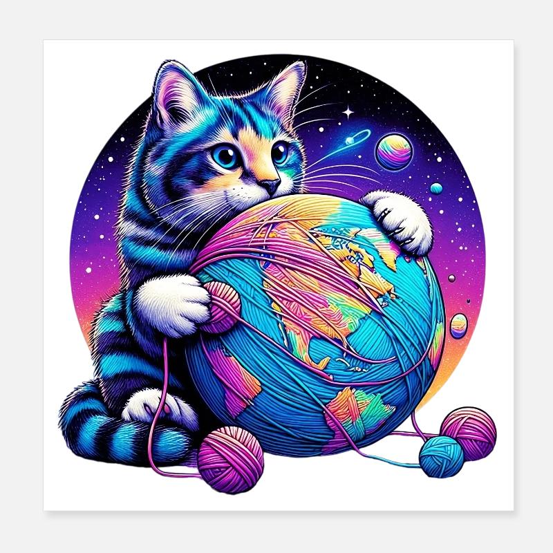 Katze spielt mit einem Wollknäuel Planet Erde - Poster 20x20 cm - Weiß